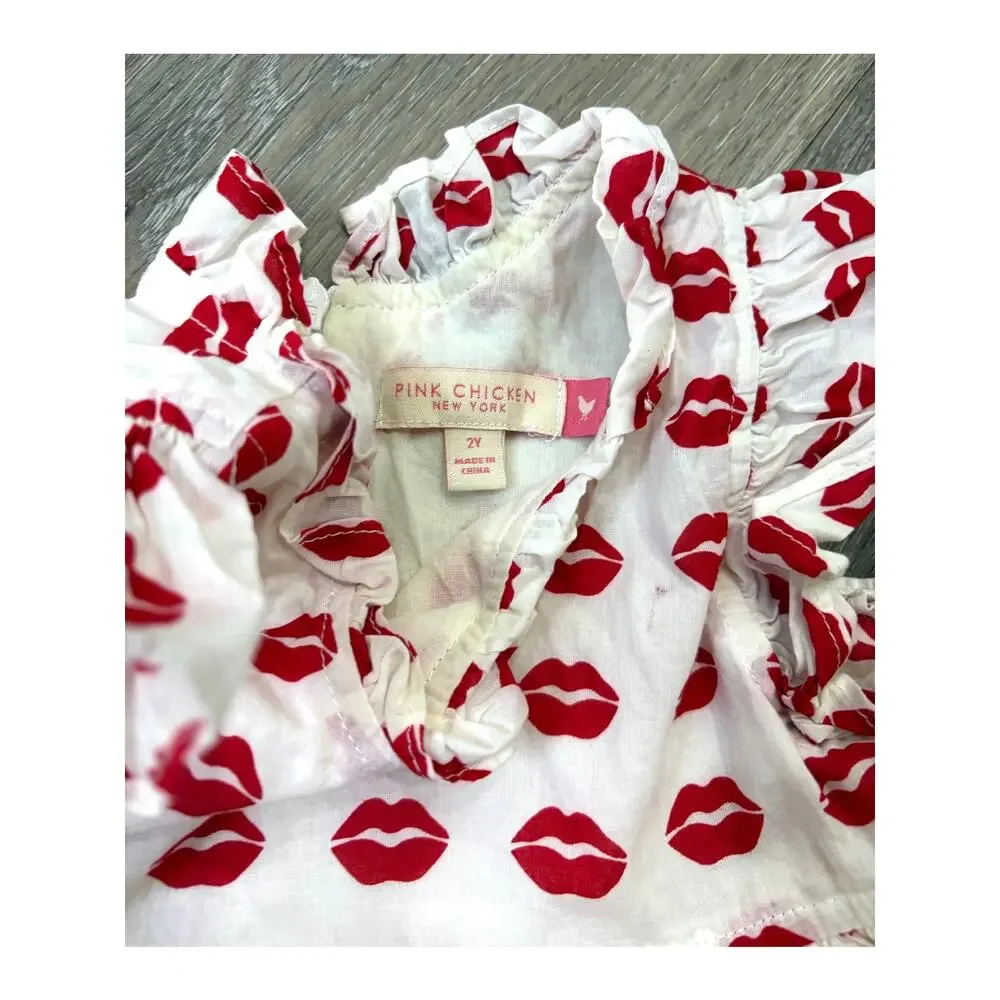 Pink Chicken Girls Dress Lip Print Valentine Cottagecore Party 2T